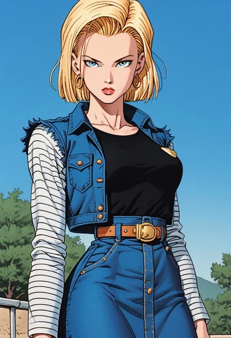 1girl, (android 18, blonde hair, blue eyes, eyelashes),solo, hoop earrings, short hair, earrings, belt, black legwear, black shirt, breast pocket, collarbone, denim, denim skirt, high-waist skirt, jewelry, long sleeves, pocket, shirt, shirt tucked in, skirt, striped, striped sleeves, waistcoat, outdoors,from below,close up,large breasts
