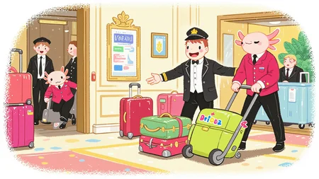 pikaole, axolotl, crayon, Two axolotls, dressed in fancy uniforms with gold buttons, are working as bellhops in a grand hotel lobby. One axolotl, in a bright red uniform, is pulling a luggage cart piled high with suitcases that are twice their size, while the other axolotl, in a black uniform with a cap, is trying to direct a towering guest, pointing toward an elevator that seems massive compared to their small stature. The suitcases wobble on the cart, and the marble floor gleams beneath them as they rush to keep up with the oversized guests checking in at the grand hotel., happy axolotls<lora:Axomodel_Flux_V1.1.safetensors:0.85:0.85> <lora:Pikaole v2 (FLUX)_v2_E6.safetensors:0.75:0.75> <lora:qiu_crayon.safetensors:0.8:0.8>