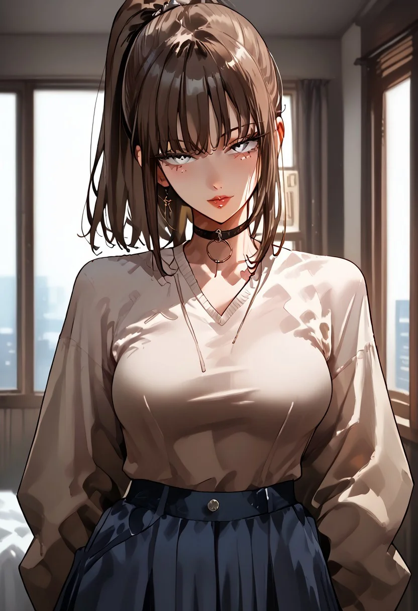 score_9, score_8_up, score_7_up, score_6_up, 1girl, micchan, mature women, older women, medium hair, side-swepped bangs, brown hair, ponytail, grey eyes, medium breasts, pale skin, solo, alone, pullover, skirt, stockings