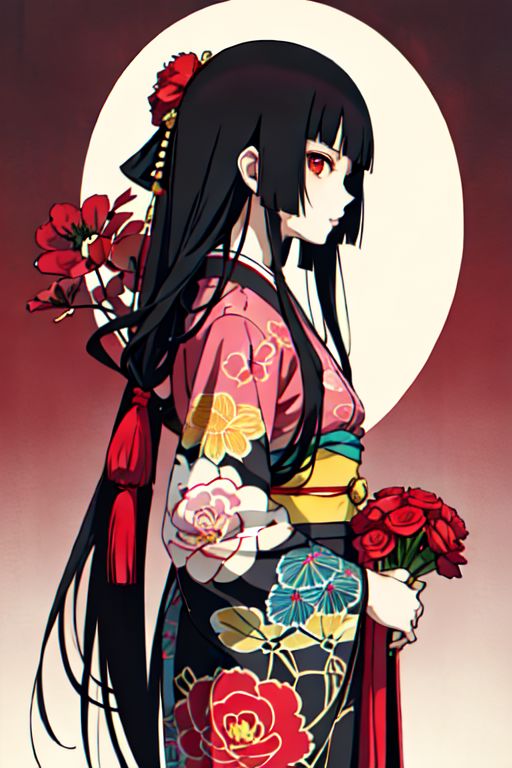 enma ai, hair down, hair black, bangs, eyes red, masterpiece, best quality, ultra-detailed, illustration, 1girl, solo, highres, photorealistic, ultra high res, (Original illustration composition), (fusion of limited color,Maximalism artstyle, kimono obi fashion, double exposure, background, illustration, Amazing, lily spider, night darkness, open one's mouth, middle finger show, bouquet flowers red, low twintails, (polychromatic peony:1.15), Movie poster,