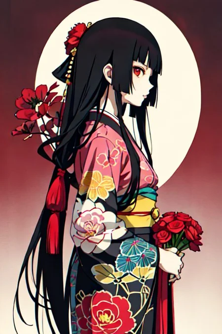 enma ai, hair down, hair black, bangs, eyes red, masterpiece, best quality, ultra-detailed, illustration, 1girl, solo, highres, photorealistic, ultra high res, (Original illustration composition), (fusion of limited color,Maximalism artstyle, kimono obi fashion, double exposure, background, illustration, Amazing, lily spider, night darkness, open one's mouth, middle finger show, bouquet flowers red, low twintails, (polychromatic peony:1.15), Movie poster,