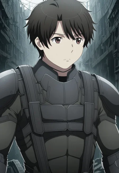 high resolution, solo, best quality, 1Boy, Inaho Kaizuka, Black Hair, Brown Eyes, dystopia, serious looking, armor, fantasy, OverallDetail