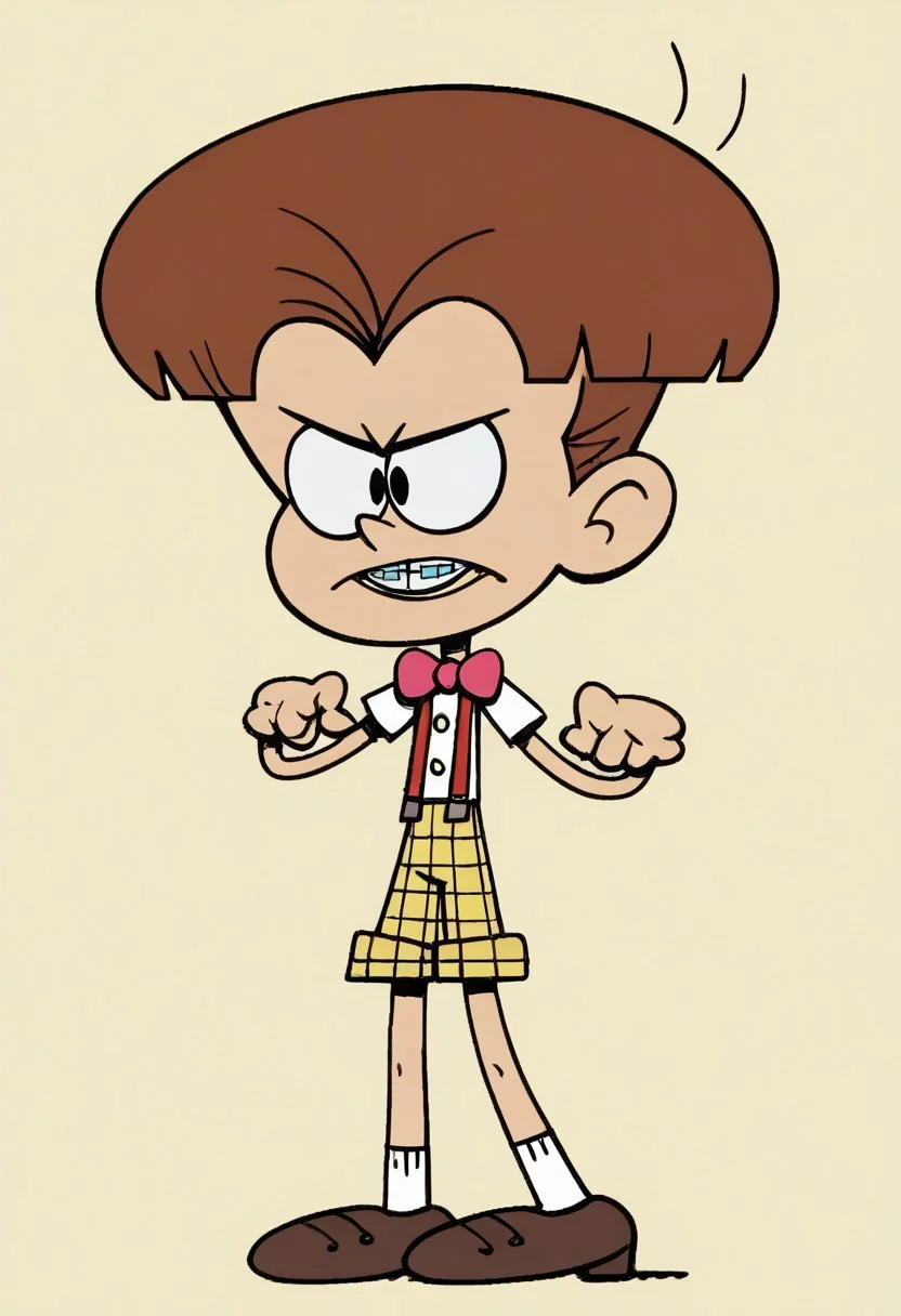 (score_9 | score_8_up | score_7_up) ((masterpiece:1))(best quality,very high quality,ultra detailed:1.2) (2D,cartoon style,anime style)(Smooth:2)(clean blurring) (four fingers on each hand,one thumb on each hand:1), Lane loud, Solo, 1boy, Brown hair, short hair, bowl hairstyle, braces, pink bow tie, white shirt, short sleeved, yellow plaid shorts, red suspenders, Brown shoes, white socks
