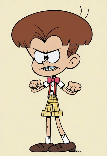 (score_9 | score_8_up | score_7_up) ((masterpiece:1))(best quality,very high quality,ultra detailed:1.2) (2D,cartoon style,anime style)(Smooth:2)(clean blurring) (four fingers on each hand,one thumb on each hand:1), Lane loud, Solo, 1boy, Brown hair, short hair, bowl hairstyle, braces, pink bow tie, white shirt, short sleeved, yellow plaid shorts, red suspenders, Brown shoes, white socks