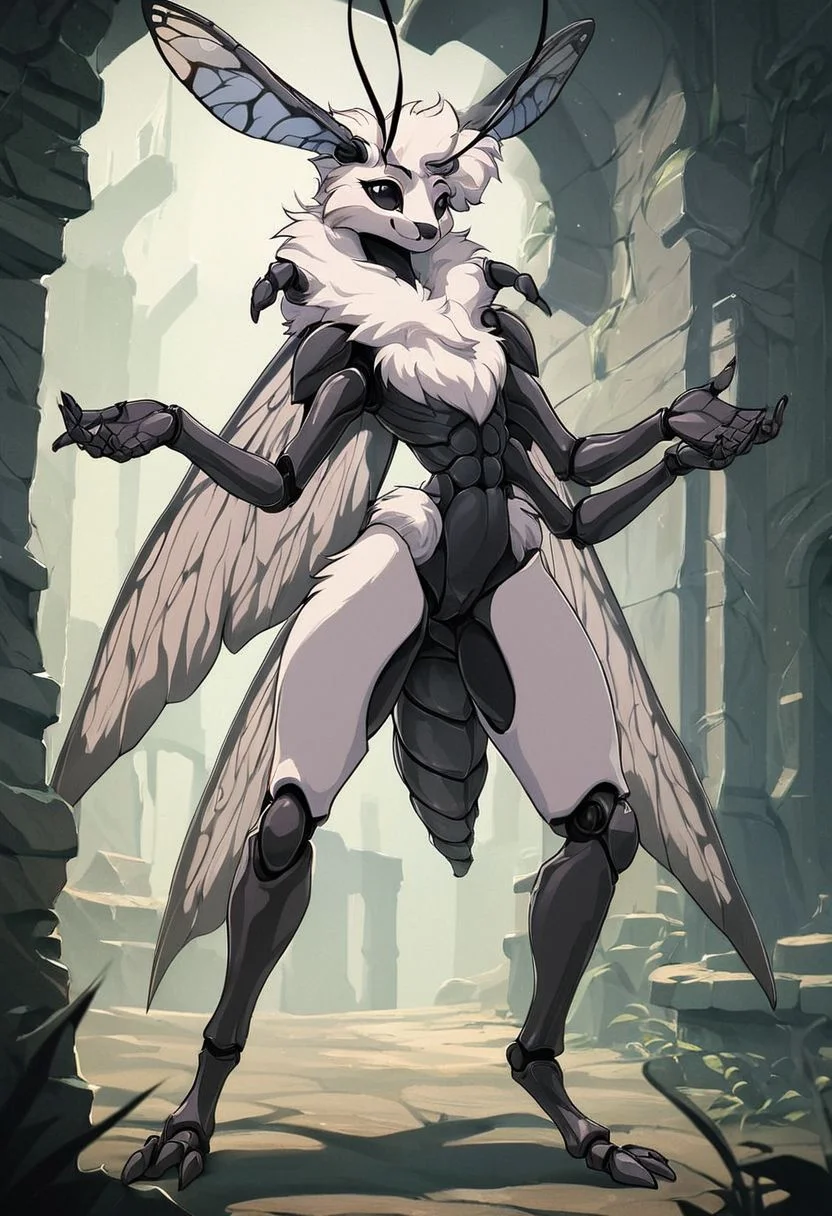 score_9, score_8_up, score_7_up, score_6_up, score_5_up, score_4_up,
source_furry, rating_explicit,
solo, female,
brown and white body, fur, grey fur, fluffy, furred body,
short hair, white hair,
anthro,
arthropod, insect, arthropod abdomen, black eyes, exoskeleton, joints
moth, lepidopteran, lepidopteran wings,
4 wings, multi wing, wings,
2 antennae, antennae anatomy,
2 toes, toes, feet, digitigrade,
4 arms, 5 fingers, fingers, multi arm,
smile, pose,
ruins,
detailed background, digital art, hi res, detailed, fantasy art,
Vintage, 1990s \(style\), 90s4n1m3, retro artstyle