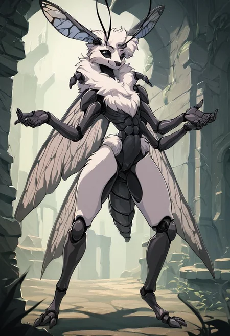 score_9, score_8_up, score_7_up, score_6_up, score_5_up, score_4_up, 
source_furry, rating_explicit, 
solo, female, 
brown and white body, fur, grey fur, fluffy, furred body,
short hair, white hair,
anthro, 
arthropod, insect, arthropod abdomen, black eyes, exoskeleton, joints
moth, lepidopteran, lepidopteran wings,
4 wings, multi wing, wings, 
2 antennae, antennae anatomy,
2 toes, toes, feet, digitigrade,
4 arms, 5 fingers, fingers, multi arm, 
smile, pose,
 ruins,
detailed background, digital art, hi res, detailed, fantasy art,
Vintage, 1990s \(style\), 90s4n1m3, retro artstyle