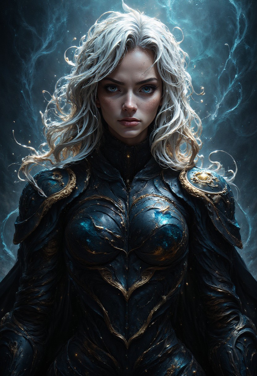 A young warrior with white hair, blue eyes and fine lines on his face. He has handsome manga-type face and is wearing a tight-fitting dark fantasy armor with intricate details. He has a stoic face expression