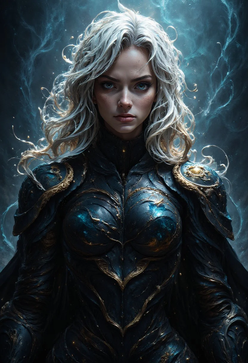 A young warrior with white hair, blue eyes and fine lines on his face. He has handsome manga-type face and is wearing a tight-fitting dark fantasy armor with intricate details. He has a stoic face expression