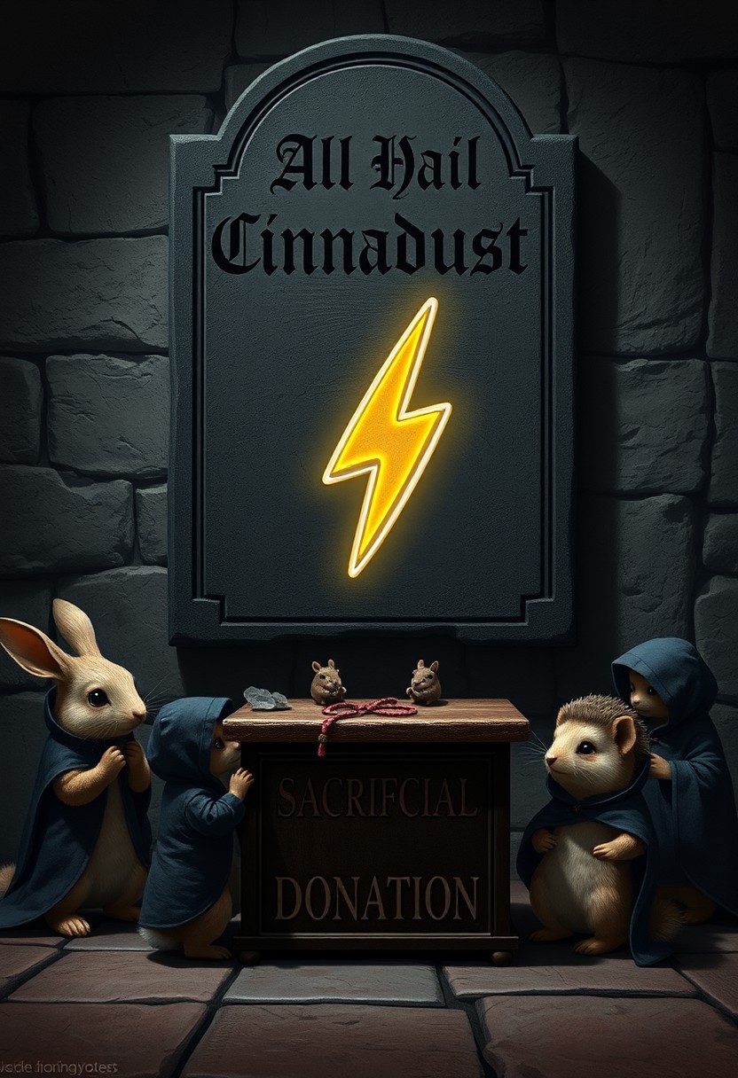 In a darkly whimsical, hyper-realistic image, a group of adorable little animals, including a rabbit, a squirrel, and a hedgehog, stand around a mysterious altar, clad in tiny, dark hooded robes that seem to swallow their tiny bodies. The altar itself bears the ominous inscription "Sacrificial Donation" on its front, in bold, gothic letters. Atop the altar, a large, glowing thunderbolt sticker seems to pulsate with an otherworldly energy, casting an eerie glow over the surrounding animals. The animals' eyes gleam with an unsettling intensity as they gaze up at the sticker, their tiny paws clasped together in a gesture of dark devotion. Behind the altar, a large stone plaque is embedded into the wall, bearing the ominous inscription "All Hail Cinnadust" in bold, gothic letters. The plaque seems to loom over the animals, casting a long, ominous shadow that stretches across the floor. The overall effect is one of eerie, cult-like devotion, as if the animals are engaged in a dark and sinister ritual. Highest-Quality, 4k, intricate details, visually stunning, Masterpiece