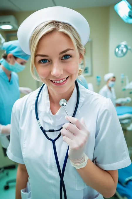 (RAW photo, best quality), wide angle photo, masterpiece, 1girl, natural lighting
hospital, operating room, surgical gloves,
(((White))) nurse uniform smooth, nurse, nurse hat, stethoscope, blonde, blue eyes, light smile, dslr, focused, blurred background,
<lora:nurse_uniform_xl_v1_1-000003:1>