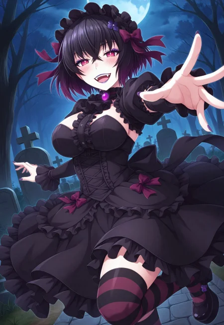 1girl, Nea, hair ornament, black hair, red eyes, short hair, fangs, crossed bangs, gradient hair, masterpiece, best quality, absurdres, large breasts,
(gothic theme, lolitafashion:1.2), gothic lolitafashion, gothiclolita, gothic lolitadress, victorian dress, gothic, dark, moody, puffy dress, petticoat, puffy sleeves, dark colors, frilled skirt, gothic thighhighs, striped thighhighs, gothic dress, elbow gloves, gothic headdress, multiple bows, frills, frilled fabric, too many frills, center frills, gothic lolitashoes,
purple lipstick, purple lips, long eyelashes, eyeshadow, eyeliner, mascara, blush, gothic makeup, purple nails,
outdoors, nature, graveyard, tombstones, night, dark environment, fog, bats, 
solo, standing on one leg, cowboy shot, dynamic pose, looking at viewer, half-closed eyes, open mouth, smile, outstretched arm, [foreshortening], reaching towards viewer, glowing eye,
intricate, highly detailed, majestic, shallow depth of field, movie still, circular polarizer