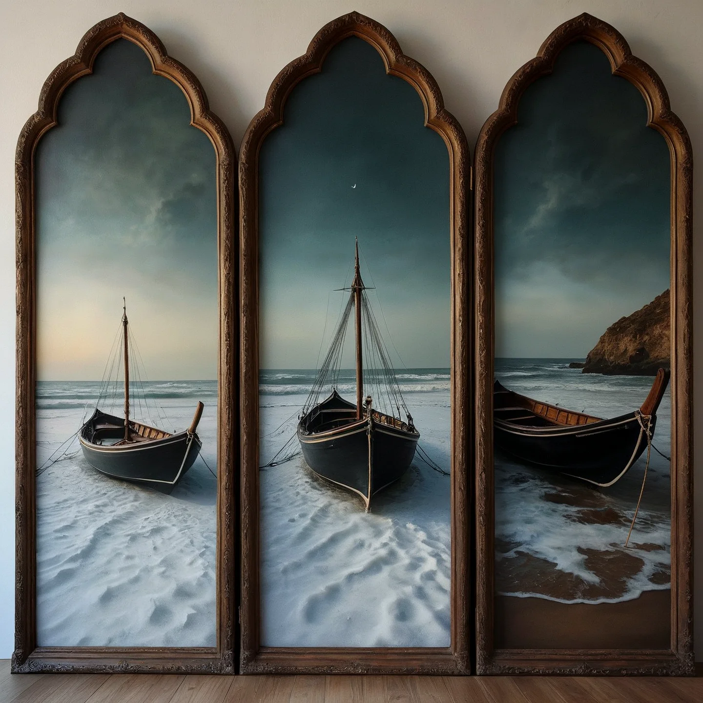 Triptych art, a painting in three panels. Realistic photography.
Spanish perfection, reception, deception. Fantasy style.
Atmospheric. Moody.
<lora:TriptychArt01_CE_XL_300-OT:0.6> trptchCE_style