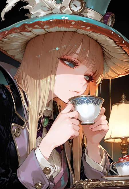 masterpiece, best quality, good quality, newest, highres, absurdres, volumetric lighting,gradient color,
BREAK
raytracing, volumetric lighting, ambient occlusion, girl, background, masterpiece, best quality, very awa, absurdres, model style,
BREAK
Mad Hatter, mushroom hat, teacup, suit
BREAK
masterpiece,amazing quality,best quality,ultra-detailed,8K,illustration,CG,shiny hair,clear skin,ultra-detailed-eyes, background,cute girl, eyelashes