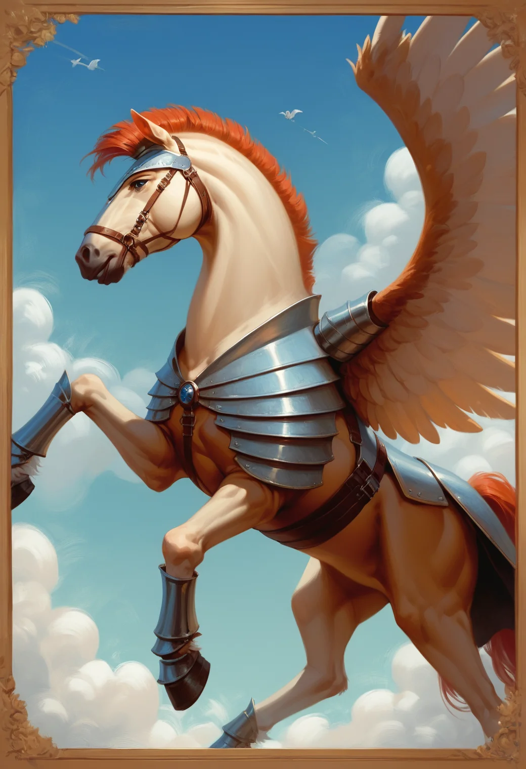 score_9, score_8_up, score_7_up, traditional, illustrative style, The central figure is a 1male (knight) mounted on a rearing white horse, positioned in the upper right quadrant of the image. The knight is wearing medieval armor, including a helmet with a visor, and a flowing cape that trails behind him. He holds a long spear in his right hand, which is raised high, and a shield is strapped to his left arm. The horse's mane and tail are depicted as flowing, adding a dynamic element to the scene.
BREAK,
The knight is surrounded by a burst of rays emanating from his position, suggesting a sense of power or divine intervention. Below the knight, on the left side of the image, is a large bird of prey with outstretched wings, possibly a falcon or eagle, symbolizing vigilance or protection. The background is minimal, with only a few lines indicating a landscape or a distant horizon.
BREAK,
The overall composition is dramatic and heroic, with a focus on the knight's commanding presence and the dynamic movement of the horse. The image captures a sense of medieval warfare or chivalry, with strong, bold lines and a high level of detail in the armor and the bird. sharp, hyperdetailed:1.15, womn,<lora:Womnv2-000006:1>, <lora:hand 5.5:0.75>