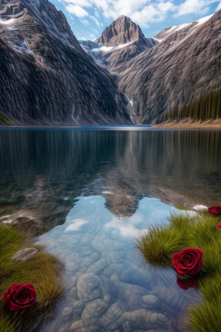 masterpiece, best quality, ultra-detailed, realistic, 8k, pine tree, flowers fields, many kinds of flowers, a couple of rabbits on very distant, lakes, meadows, grass, glitter on top, daytime, sunlight, cloudy, some birds fly in the sky over long distances, out-of-this-world scenery, lifelike, naturalism, greatest naturalism photo, immaculate detailed realism photography, rich colors, best colors perfect composition, perfect colors, colorful, clear photo, intrigue nature panorama, delicate nature photo, immaculate micro-details nature elements, (out-of-this-world scenery:1.23), beautiful landscape, beautiful flowers, crystal fantastic, breathtaking beautiful nature,  unmatched beauty nature, more nature elements, rich nature elements, (emphasize a big glasses reflects the natural scenery in great detail:1.37), a big glasses on above the rock, (viewing scenery from a big glasses, a bunch of small red roses are scattered around the big glasses, perfect scenery views from the big glasses, perfect dynamic angles for viewing the scenery from the big glasses:1.37), (pikachu is seen flying on a witch's broomstick:1.37), aesthetic, artistic style, surreal, insanely lifelike, top best naturalism photography, greatest detailed, intricate nature details background, depth of field, no human, detailerlora,