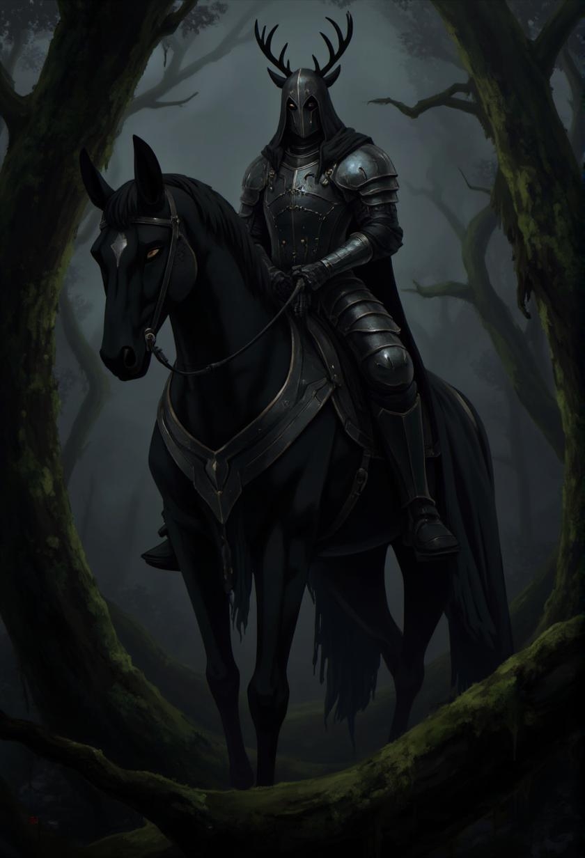 <lora:ck-LttleGhost-000011.safetensors:1> in the style of ck-lttlegh0stA mysterious warrior in medieval armor sits atop a majestic black horse within a dark and foreboding forest. The rider's features are obscured by an antlered hood, while the horse's presence is juxtaposed against the eerie atmosphere. A fusion of fantasy and realism is achieved through the intricate detail, blending an enigmatic aura with the grounded strength of the horse amidst moss-covered foliage.