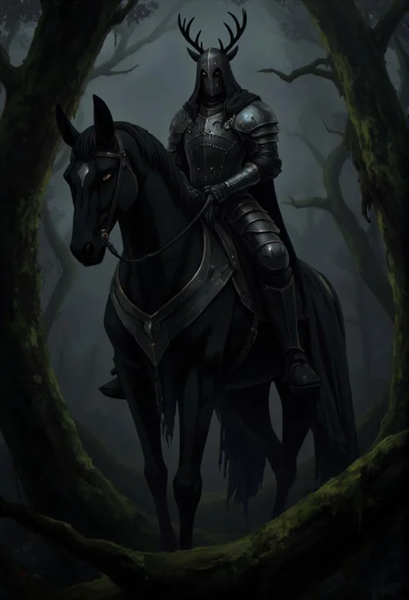<lora:ck-LttleGhost-000011.safetensors:1> in the style of ck-lttlegh0stA mysterious warrior in medieval armor sits atop a majestic black horse within a dark and foreboding forest. The rider's features are obscured by an antlered hood, while the horse's presence is juxtaposed against the eerie atmosphere. A fusion of fantasy and realism is achieved through the intricate detail, blending an enigmatic aura with the grounded strength of the horse amidst moss-covered foliage.