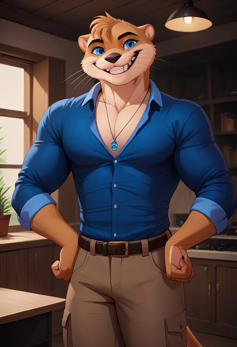 score_9, score_8_up, score_7_up, score_6_up, score_5_up, score_4_up, source_anime, source_furry, zPDXL3, furry_diffusion, <lora:OscarPXL-05:0.7>, OscarVioletMemoir, short hair, blue eyes, otter boy, whiskers, furry male, masterpiece, unparalleled masterpiece, best quality, high quality, intricate details, beautiful vibrant colors, (soft shading), photorealistic, cinematic lighting, colorful lighting, gradient, hi res, solo, looking at viewer, smile, teeth, detailed background, inside, indoors, cowboy shot, muscular male, bara, pectorals, large pectorals, brown pants, belt, blue shirt, jewelry, necklace, collared shirt, partially unbuttoned, sleeves, sleeves rolled up, pectoral cleavage, hands on hips, close up, pectoral focus