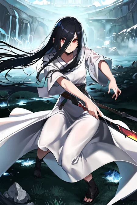 ((masterpiece)),(best quality), absurdres,sadako_yamamura,red eyes, white dress,<lora:Sadakobest:0.8>, <lora:attackingConcept_18:0.6>,detailed solo character holding weapon, detailed face, attack action, using weapon, intricate design, sharp focus, fantasy clothing,