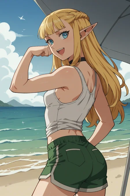 score_9, score_8_up, score_7_up, source_anime, 1girl, prefect lighting, very aesthetic, intricate details, highly detailed background, masterpiece, high quality, prefect hands, best quality, solo,
<lora:Pattadol_Dungeon_Meshi_V1:.85>, blonde hair, light blue eyes, pointy ears, pointy nose, braid, long hair,
green shorts, white tank top, black choker,
from back, smile, flexing, open mouth, looking back,
beach, sunny, umbrella, palm tree, mountains, ocean, shoreline,
(Beautiful, small Breasts:1.2), natural breasts,