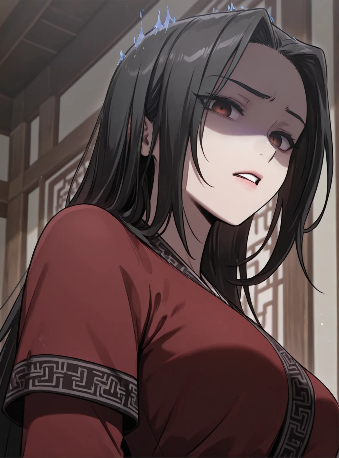 HDR,masterpiece, absurdres, newest, highres, very aesthetic, detailed eyes, fit body, godrays, ambient occlusion, soft lighting, highest quality, (volumetric lighiting:1.1), realistic skin, low lighting, trending on artstation, gothic,
adult, LGSPX, (anime screencap:1.3), anime screencap, Gu Huibi, black hair, long hair, dark red eyes, mature female,
BREAK
upper body, from below, from side, (disgust:1.1), (looking at viewer:1.5), gloom \(expression\), (shaded face:1.45), (open mouth:0.8), parted lips, looking down, BREAK, aesthetic, wallpaper
<lora:princess_xl_v2:0.6> <lora:add-detail-xl:0.25>  <lora:30_LOL:0.6>  <lora:g0th1cPXL:0.4>  <lora:Gu_Huibi-000091:0.7>