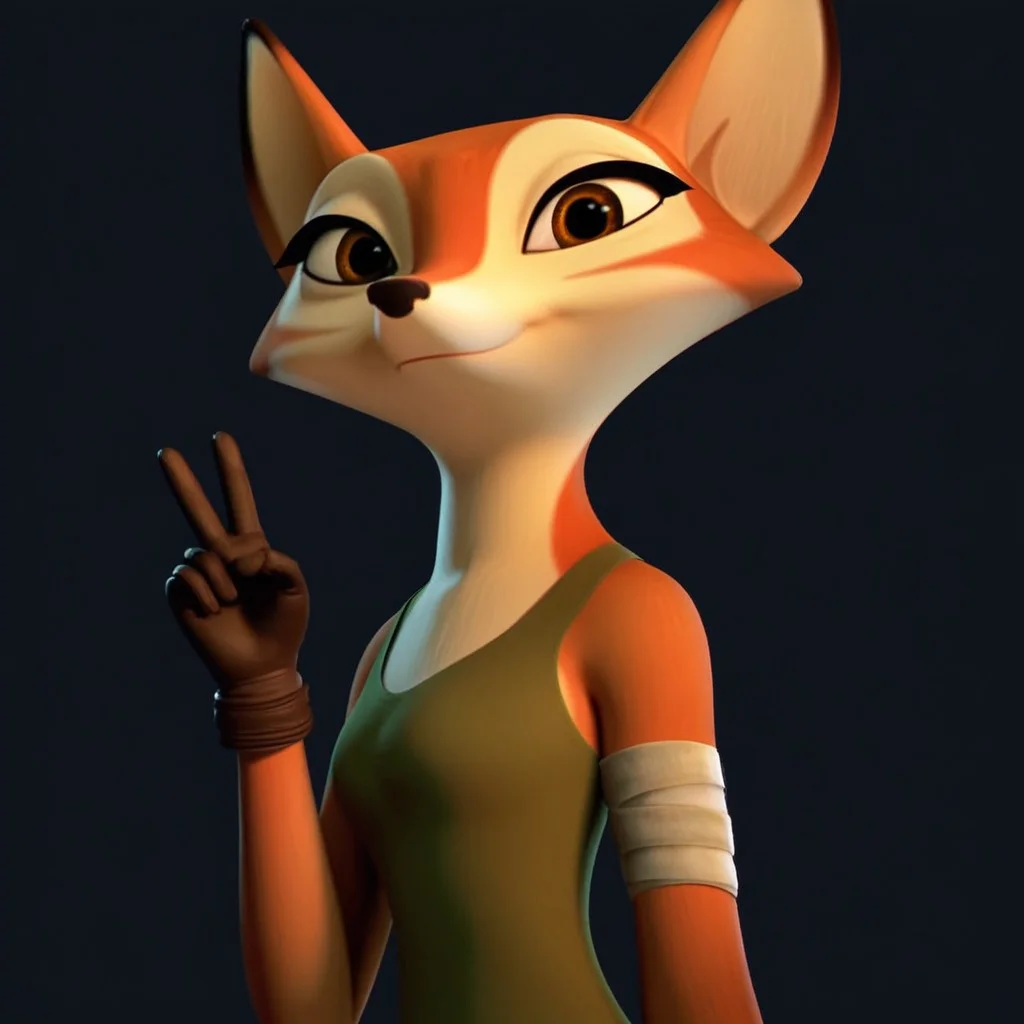 score_9, score_8_up, score_7_up, 1boy, solo, Expressiveh, (VixSAST, furry, anthro, fox girl, fox tail, brown eyes, orange body, orange fur, green tank top, jeans, gloves, arm bandage), close-up, standing, smile, closed mouth, looking at viewer, peace sign, black background, simple background, 4k, masterpiece, best quality, highly detailed, realistic