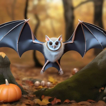 photorealistic, concept art, fantasy, three crystal bats01 elves, face enhanced, one owl, in fall Halloween woodland glade with mushrooms, in the style of <lora:bats01-xl:1>