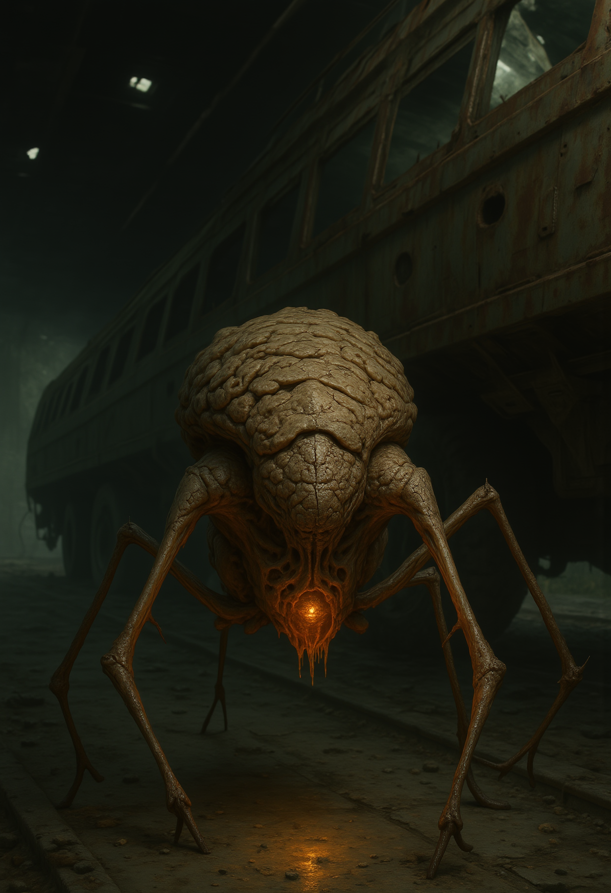 <lora:dvr-infected-flux:1> dvrnfctd, an infected insectoid crawling along the underside of a ruined transport vehicle, its carapace cracked open by the infection and replaced with soft fungal ridges that breathe slowly. Each leg has grown barbed hooks, scraping into the rusted metal. A central glowing gland sways beneath its abdomen, dripping bioluminescent fluid onto the floor