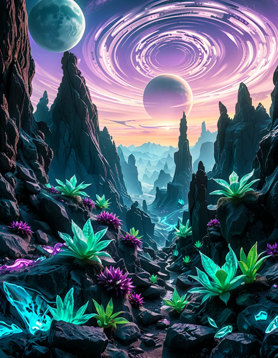 A breathtaking, high-resolution photograph of an alien planet with a surreal and otherworldly landscape. The sky is filled with two massive moons, casting an eerie glow over the terrain. Jagged rock formations, covered in bioluminescent moss, stretch across the horizon, glowing in shades of blue and purple. Strange, twisted plants with translucent leaves and pulsating veins grow from the cracked, iridescent soil. In the distance, towering crystalline mountains shimmer under the light of a distant red sun, their peaks enveloped in a misty, ethereal haze. The air is thick with floating luminescent spores, drifting like tiny fireflies. Rivers of liquid metal carve through the landscape, reflecting the vibrant alien sky. The atmosphere is a mix of neon blues, purples, and greens, creating a mesmerizing and futuristic scene, as if taken from the surface of a newly discovered exoplanet.
<lora:SDXLFaeTastic2400:0.4> <lora:extremely_detailed:0.4> extremely detailed,<lora:alien_pl4n3t:1>,alien pl4n3t