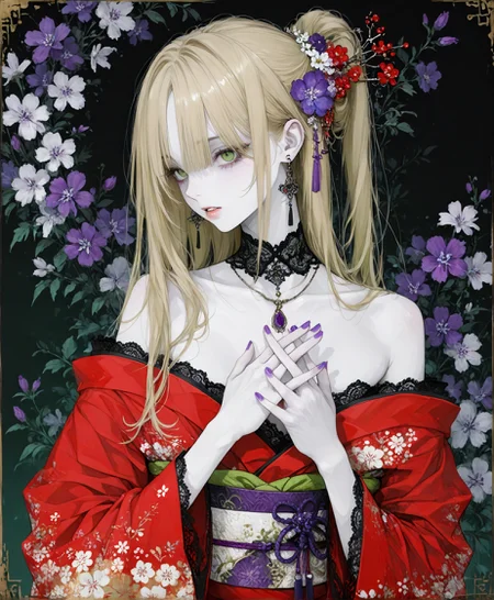 masterpiece, best quality, amazing quality, very aesthetic, perfect eyes, Sinozick_illu, crestyle, Sinozick_illu, gr4ph1t3,
,1girl, solo, long_hair, looking_at_viewer, bangs, blonde_hair, hair_ornament, long_sleeves, bare_shoulders, jewelry, green_eyes, collarbone, upper_body, flower, earrings, parted_lips, japanese_clothes, choker, wide_sleeves, kimono, necklace, off_shoulder, nail_polish, sash, obi, black_background, lace_trim, purple_flower, purple_nails, red_kimono,Anime-style drawing of a young woman with long blonde hair tied in a high ponytail with a red flower, wearing a red kimono with white floral patterns and a black lace choker. She has pale skin, green eyes, and is standing against a dark background with purple and white flowers. Her hands are clasped together in front of her chest, and she has a serene expression. The artwork is detailed and vibrant, with a focus on the character's delicate features and the intricate design of her outfit.