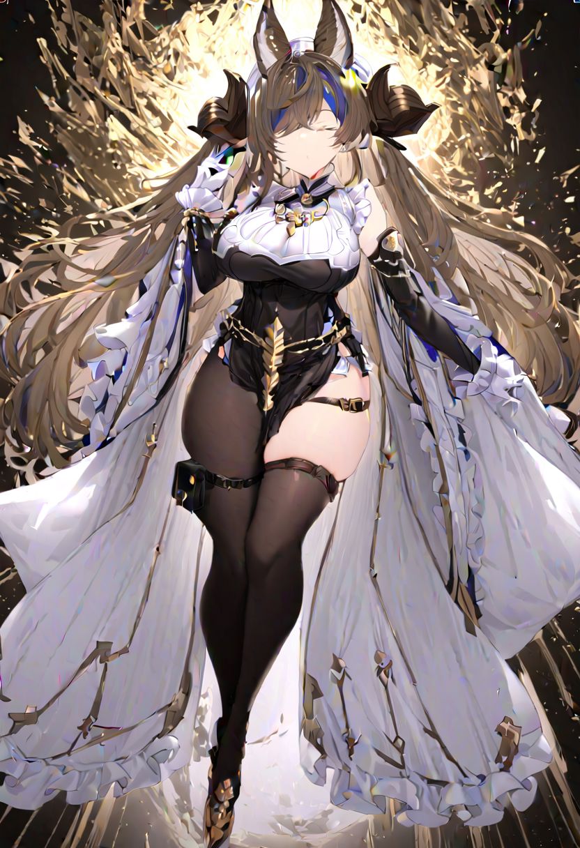 masterpiece, best quality, ultra-detailed, beautiful, nai3, 1girl, solo, full_body, tachi-e, 
galleondef, horns, closed eyes, dress, white gloves, frills, detached sleeves, frilled sleeves, thighhighs, thigh strap, pelvic curtain