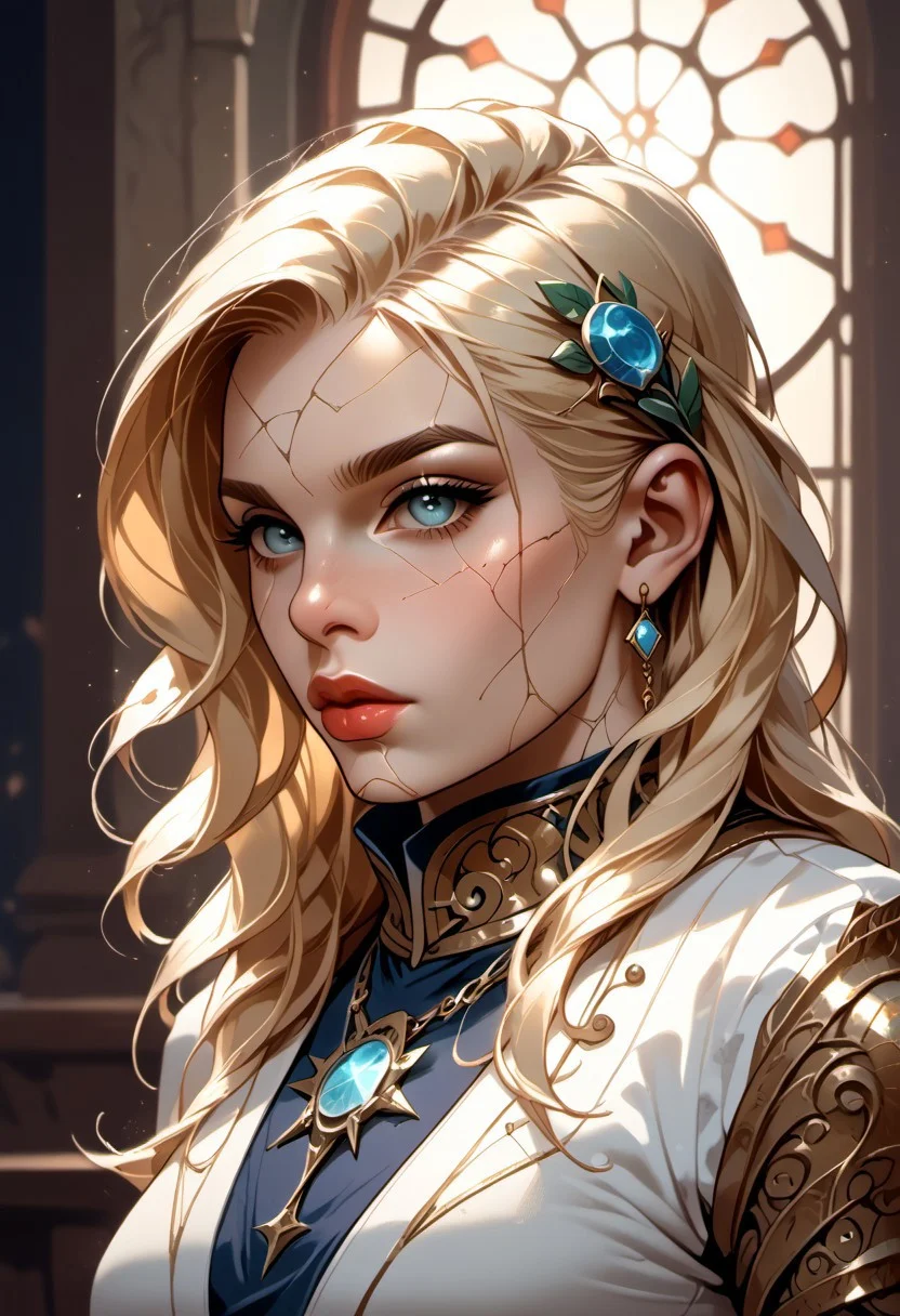 score_9, score_8_up, score_7_up, ((face focus, eye focus, dynamic angle, motion)), 1girl, fantasy, Tarot Card Style, n0uv34u style, ((GenasiEarth)), (BGDameAylin, 1girl, blonde hair, cracked skin, long hair), (hourglass figure), ((marble skin)), ((stone inclusions, gems inclusions, gems hair, glowing cracks)), breathless intimacy, colored skin, petite model bombshell, heart, young, delicate features, narrow pointy nose, lust, big eyes, seductive eyes, blue eyes, detailed skin, flared lashes, mascara, makeup, perky medium breasts, athletic body, narrow waist, skinny hips,
warm light, detailed, neon dark party
 BREAK
milky way, runes, arcane, astral, surreal, ethereal glow, masterpiece, best quality, intricate design. colorful, moonlit nightsky, stained glass aesthetic, moody whimsical color palette, murano glass, bold soldering lines, volumetric light shining through, crepuscular rays, intricate craftsmanship, detailed texture, luminous transparency, reflective light play, vivid hues, atmospheric depth, enchanting silhouette, art nouveau,