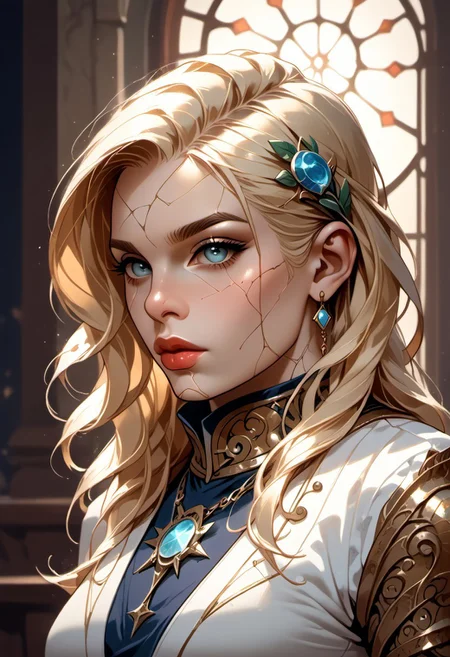 score_9, score_8_up, score_7_up, ((face focus, eye focus, dynamic angle, motion)), 1girl, fantasy, Tarot Card Style, n0uv34u style, ((GenasiEarth)), (BGDameAylin, 1girl, blonde hair, cracked skin, long hair), (hourglass figure), ((marble skin)), ((stone inclusions, gems inclusions, gems hair, glowing cracks)), breathless intimacy, colored skin, petite model bombshell, heart, young, delicate features, narrow pointy nose, lust, big eyes, seductive eyes, blue eyes, detailed skin, flared lashes, mascara, makeup, perky medium breasts, athletic body, narrow waist, skinny hips,
warm light, detailed, neon dark party
 BREAK
milky way, runes, arcane, astral, surreal, ethereal glow, masterpiece, best quality, intricate design. colorful, moonlit nightsky, stained glass aesthetic, moody whimsical color palette, murano glass, bold soldering lines, volumetric light shining through, crepuscular rays, intricate craftsmanship, detailed texture, luminous transparency, reflective light play, vivid hues, atmospheric depth, enchanting silhouette, art nouveau,