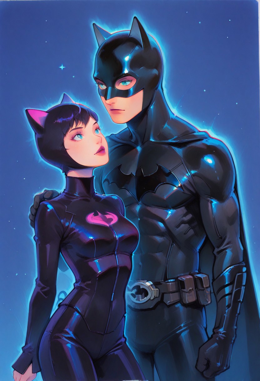highly detailed, traditional media, 1girl, catwoman, 1boy, batman