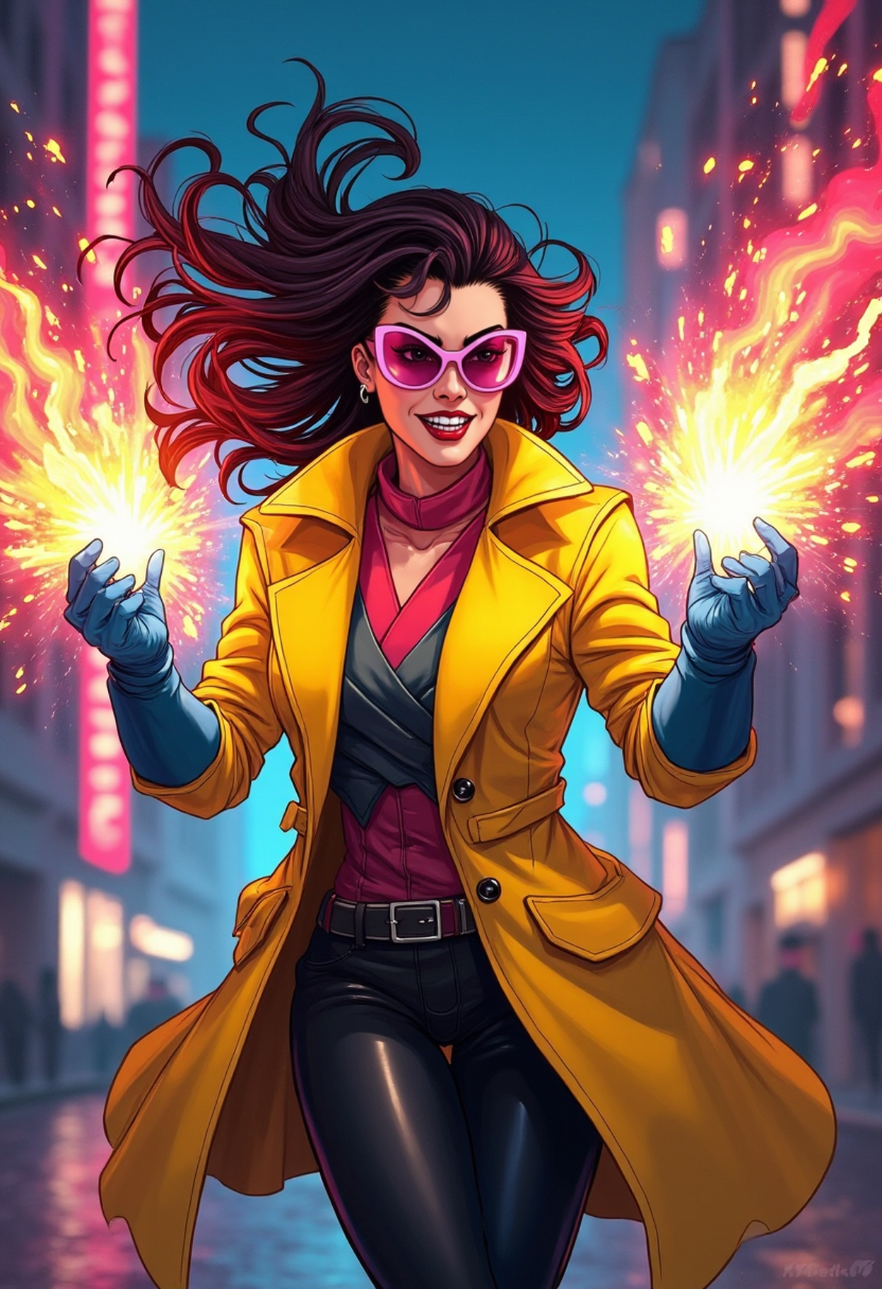 kailunqu, A dynamic painting illustration of Jubilee from the X-Men, , mid-action, releasing vibrant, multicolored pyrotechnic energy plasmoids from her hands. She wears her iconic yellow trench coat, pink sunglasses, and blue gloves, with an expression of excitement and confidence. The background is a neon-lit urban setting, reflecting the glow of her explosive energy bursts. The scene is filled with motion, with sparks and glowing embers trailing from her hands, emphasizing the power and energy of her mutant ability. <segment:face,0.6,0.5//cid=1>  detailed face