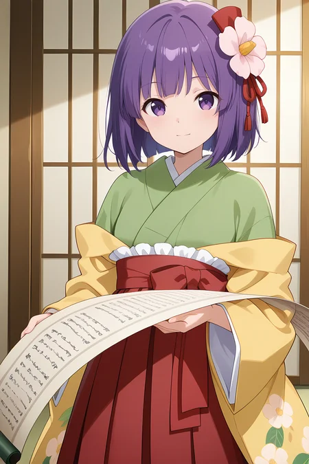 absurdres, highres, masterpiece, best quality, amazing quality, official anime artwork, screencap, anime screencap, indoors, light smile, looking at viewer, dynamic pose,
 <lora:Hieda-no-Akyuu_Illustrious:1> hieda no akyuu, 1girl, solo, purple eyes, purple hair, short hair, hair flower,, japanese clothes, green kimono,  yellow sleeves, wide sleeves, red skirt, red hakama, floral print, holding scroll,