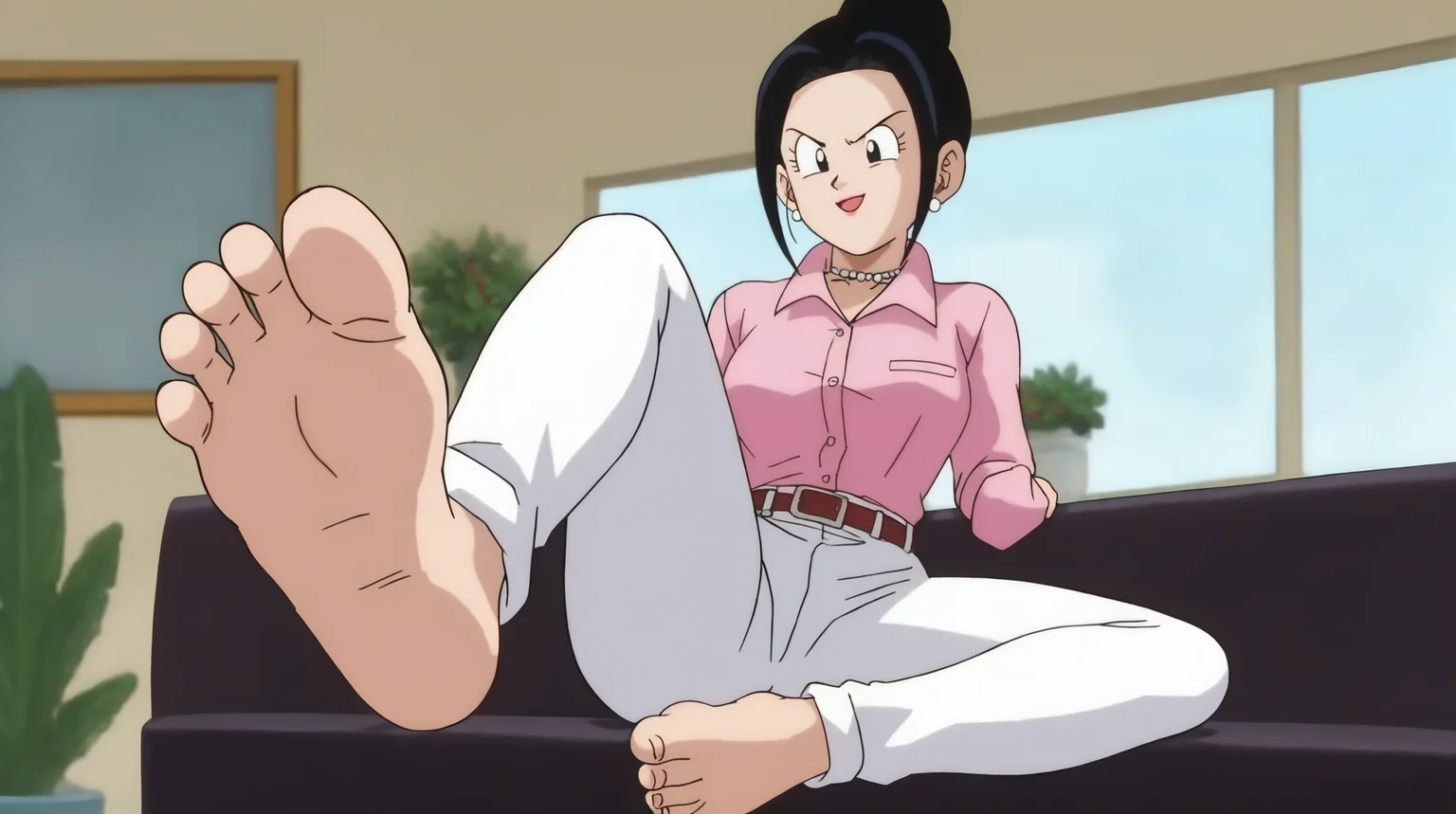 source_anime, score_9, score_8_up, score_7_up, anime screencap, absurdres, official style, chi-chi, ((end of buu)), black hair, eyelashes, hair bun, black eyes, single hair bun 1girl, solo, smile, open mouth, v-shaped eyebrows, indoors, from below, soles, sitting on sofa, foot focus earrings, open collar, collared shirt, long sleeves, pink shirt, belt, white pants, barefoot,
 <lora:chichi_pony_v3e20:0.8>