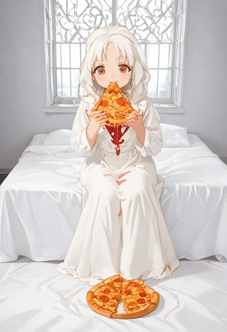 red slime girl ((eating pizza)) pizzasdx, looking at viewer (pizza melting:1.5) medieval bedroom background, masterpiece, full body sitting on bed, white bed, bed, white sheets, window, good light, perfect hands, good hands (hands on pizza) pizza