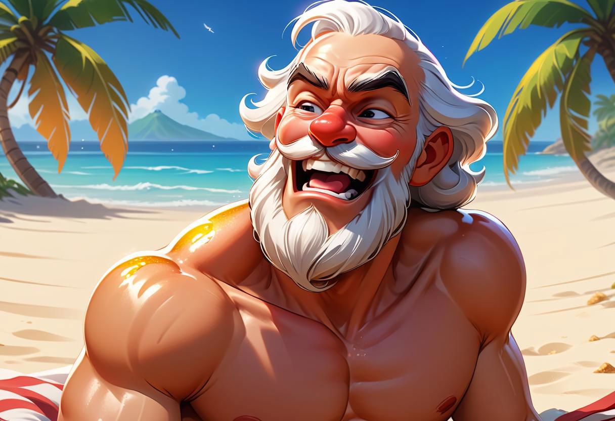 Close-up, high quality, masterpiece, 8k, hdr, rgb, portrait, raw photo, (masterpiece, best quality, detail),
Beach, Santa Claus with his tongue outstretched from thirst and splashes of saliva, palm trees, sun lounger, heat, dripping sweat, well-deserved rest, anime, cartoon,
Greg Rutkowski, Craig Davison, Jenny Saville, Bernie Wrightson, Frank Frazetta,