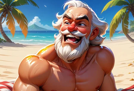 Close-up, high quality, masterpiece, 8k, hdr, rgb, portrait, raw photo, (masterpiece, best quality, detail),
Beach, Santa Claus with his tongue outstretched from thirst and splashes of saliva, palm trees, sun lounger, heat, dripping sweat, well-deserved rest, anime, cartoon,
Greg Rutkowski, Craig Davison, Jenny Saville, Bernie Wrightson, Frank Frazetta,