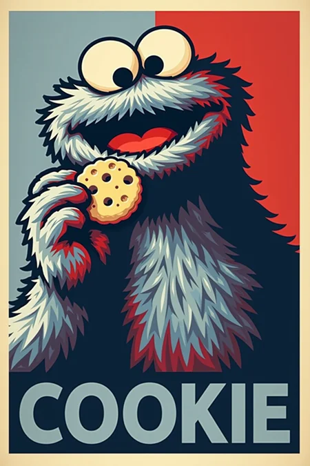 close up of Cookie Monster looking up putting a cookie in it's mouth, with the text "COOKIE" in an extra-bold san-serif font at the bottom, red and blue stencil art poster, the background is half blue half red split sharply vertically