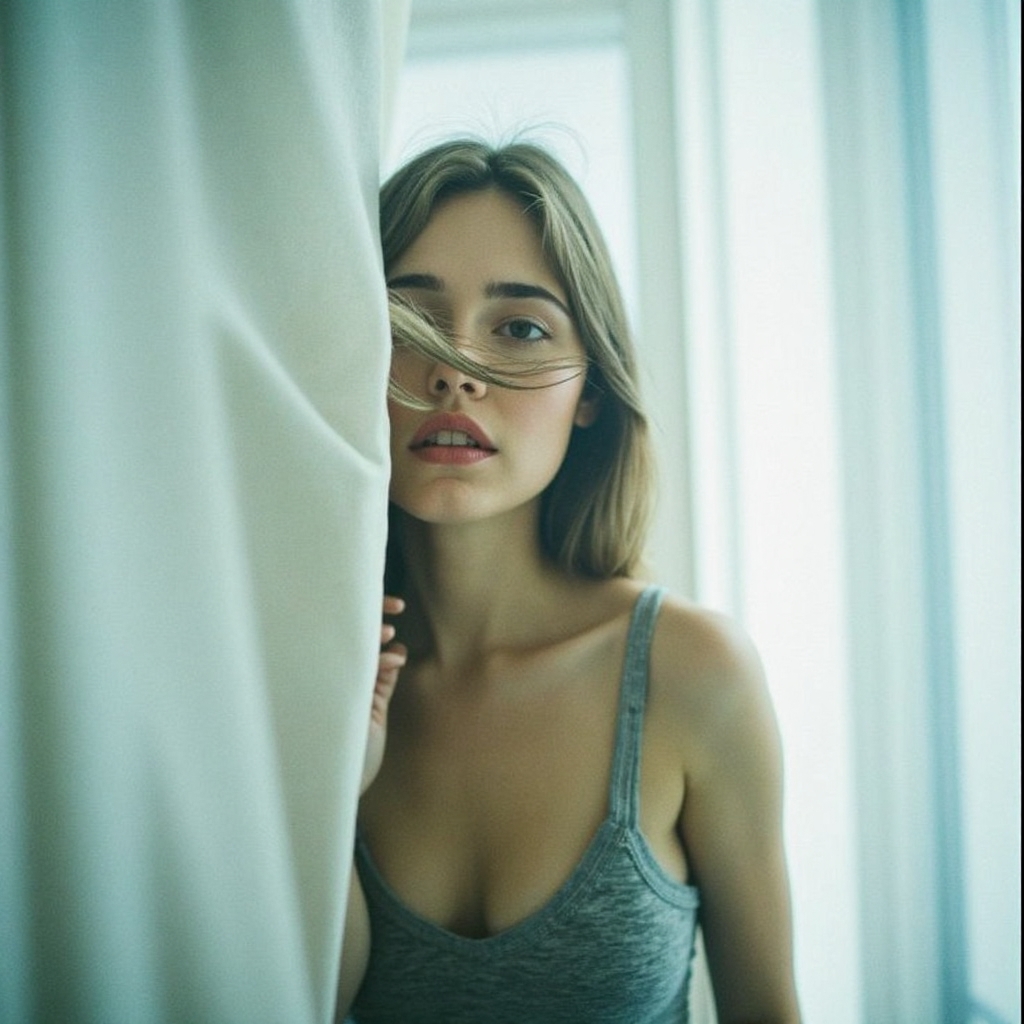 analog film photo surrealist art ultra realistic, ultra detailed, ultra quality, ultra lighting, cinematic, ethereal ambience, ethereal presence, half-body analog portrait of a woman standing behind a sheer white curtain blown softly by unseen wind, the fabric brushes her cheek and shoulder, catching cold afternoon light from a distant window, her soft gray tank top clings to her chest, hair windswept across her face, eyes half-closed, mouth relaxed, ambient lighting wrapped in pale blue, shot on Pentax Spotmatic with Fuji Pro 400H, ethereal softness and natural surrealism
 <lora:Beautifulartisticportraitsv.1.4:1> aesthetic, surr34l . dreamlike, mysterious, provocative, symbolic, intricate, detailed, RAW candid cinema, 16mm, color graded portra 400 film, remarkable color, ultra realistic, textured skin, remarkable detailed pupils, realistic dull skin noise, visible skin detail, skin fuzz, dry skin, shot with cinematic camera . faded film, desaturated, 35mm photo, grainy, vignette, vintage, Kodachrome, Lomography, stained, highly detailed, found footage