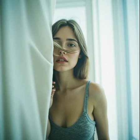 analog film photo surrealist art ultra realistic, ultra detailed, ultra quality, ultra lighting, cinematic, ethereal ambience, ethereal presence, half-body analog portrait of a woman standing behind a sheer white curtain blown softly by unseen wind, the fabric brushes her cheek and shoulder, catching cold afternoon light from a distant window, her soft gray tank top clings to her chest, hair windswept across her face, eyes half-closed, mouth relaxed, ambient lighting wrapped in pale blue, shot on Pentax Spotmatic with Fuji Pro 400H, ethereal softness and natural surrealism
 <lora:Beautifulartisticportraitsv.1.4:1> aesthetic, surr34l . dreamlike, mysterious, provocative, symbolic, intricate, detailed, RAW candid cinema, 16mm, color graded portra 400 film, remarkable color, ultra realistic, textured skin, remarkable detailed pupils, realistic dull skin noise, visible skin detail, skin fuzz, dry skin, shot with cinematic camera . faded film, desaturated, 35mm photo, grainy, vignette, vintage, Kodachrome, Lomography, stained, highly detailed, found footage