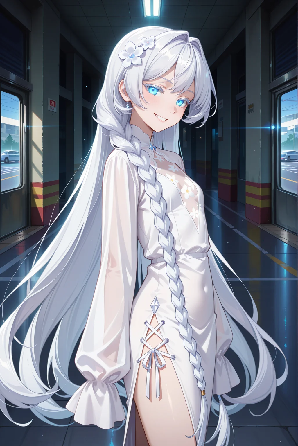 masterpiece, best quality, anime, 2d, 1girl, (slender), (anime screencap:1.2), (small breasts), solo, <lora:Hweiss-ILXL-V2:1> hweiss
BREAK (white hair, very long hair, white flower, hair flower, braided sidelock, colored eyelashes), (colored skin, pale skin) indoors, (parking lot:1.4)
BREAK (white dress, cleavage cutout, see-through cleavage, flower print cleavage, cross-laced slit, long sleeves, sleeves past fingers, white footwear, long dress), boots,
BREAK (looking at viewer, cowboy shot, standing, arms at sides, from side:1.2), (smirk, grin, light blue eyes, glowing eyes),
BREAK <lora:RealisticAnimeIXL:0.5>, bokeh, dim lighting,