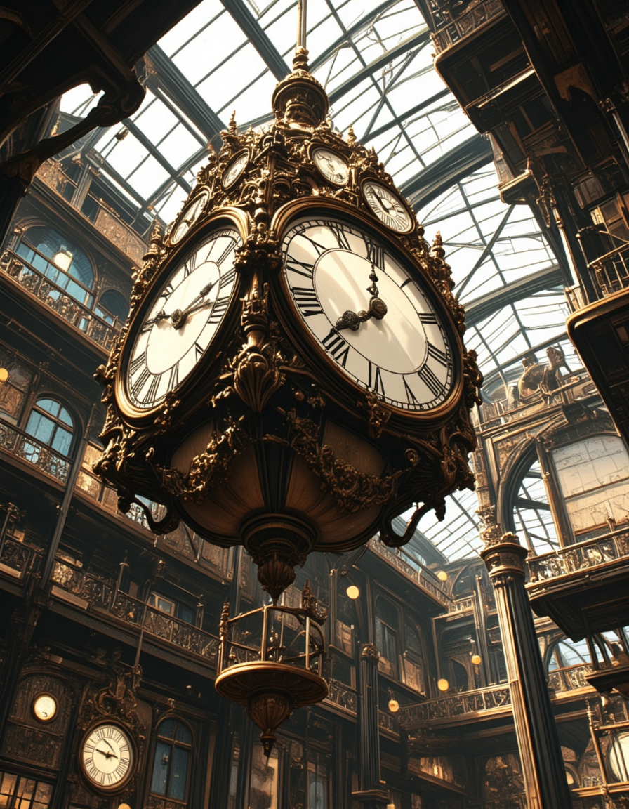 <lora:CW02_Lost_indusin:1> japanese animation style, cw02lost, indoors, vintage clock, ornate, roman numerals, wrought iron, station clock, hanging, antique, glass ceiling, architecture, retro, symmetrical, timepiece, elegant, old-fashioned, historical, skylight, ceiling structure, heritage, classic design, steampunk, industrial