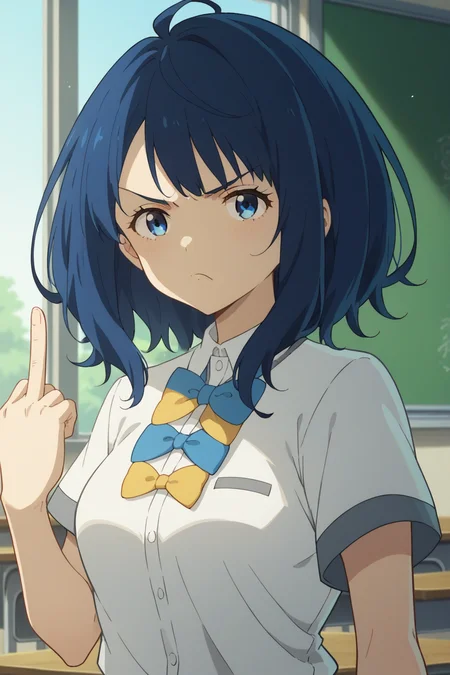 score_9, score_8_up, score_7_up, source_anime, 1girl, prefect lighting, very aesthetic, intricate details, highly detailed background, masterpiece, high quality, prefect hands, best quality, solo,
<lora:Anna_Yanami_Too_Many_Losing_Heroines_V1:.85>, KJOanna, blue hair, blue eyes, medium hair,
school uniform, short sleeves, bow,
upper body, angry, pout, middle finger,
School, classroom, window, sunny,
(Beautiful, medium Breasts:1.2), natural breasts,