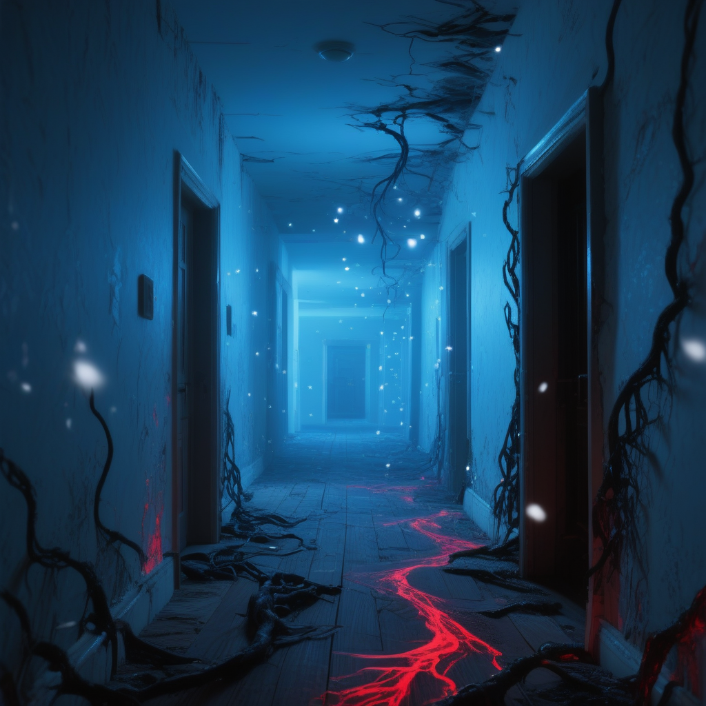 upsdownstrangthing, upsidedownstrangerth, upsidedownst, dark hallway inside an abandoned 1950s-style american house, wallpaper faded and peeling, wooden floor cracked and covered in dust, black organic tendrils crawling along the baseboards and corners, glowing red veins pulsing beneath the floorboards, an old grandfather clock stands against the wall, warped and partially consumed by alien growth, its hands frozen in place, thick glowing white particles drift through the air, the hallway is silent and cold, bathed in pale blue ambient light, all colors desaturated and lifeless, soft bluish tones fill the space, no natural warmth, architecture washed in eerie blue glow, cinematic horror interior
