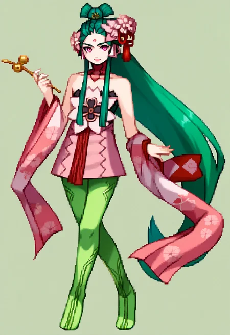 score_9, score_8_up, score_7_up, source_anime, BREAK, solo, 1girl, smile, looking at viewer,  <lora:Arcana-Heart-Sprites-pdxl_Fp:1>, simple background, full body, standing, <lora:zs_KonohanaSakuyaXL:1>, konohanasakuyasmt, green hair, very long hair, pink eyes, lipstick, hair flower, forehead mark, choker, pink dress, japanese clothes, detached sleeves, green pantyhose,