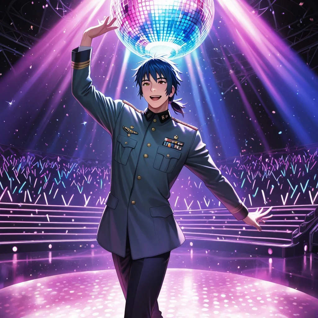 masterpiece, best quality, amazing quality, absurdres, newest, detailed background, definition so sharp, Ultra-HD, 8K cinematic, very awa, impressionate, amazing quality, highres,
solo, male focus, manly,
daikakukokujouji, 1boy, short hair, tied hair, low tied hair, lieutenant_pretime, lieutenant_blue hair, lieutenant_brown eyes, dancing, energetic pose, open mouth smile, clumsy moves, colorful lighting, disco ball, upbeat music, joyful, cool, energetic, charming, funny
