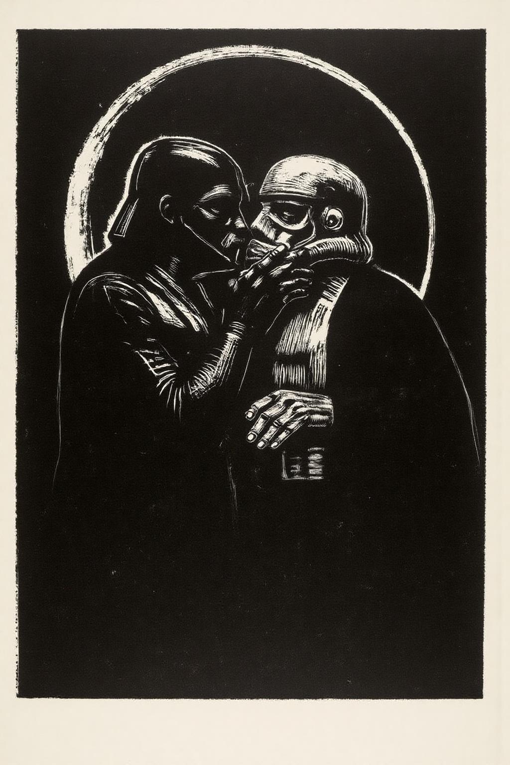kako1 black and white woodcut print. Darth Vader and a Stormtrooper Kissing under a crescent moon. <lora:kako3_woodcut_cap_d6a3e11:1.0><lora:817676703024519396:0>